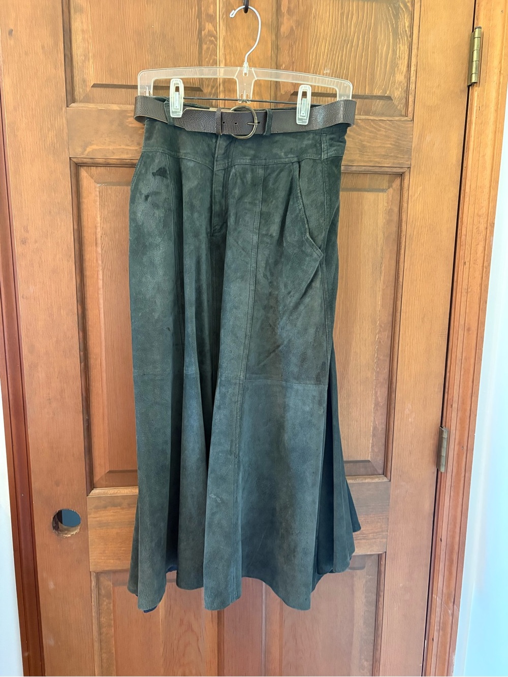 Vintage Suede A-Line Midi Skirt with Belt fall vintage retro leather suede